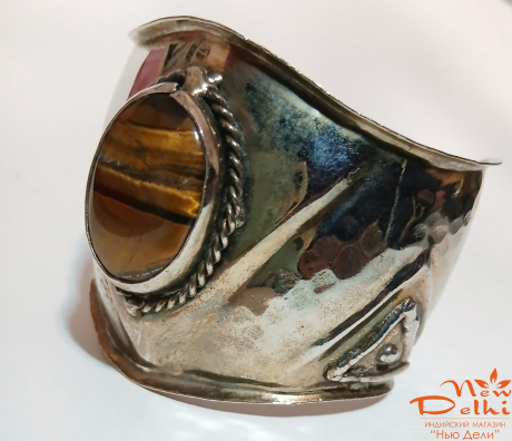 Браслет скоба с нат камнем Тигрове око, металл, Індія