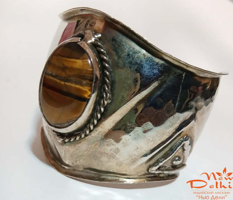 Браслет скоба с нат камнем Тигрове око, металл, Індія