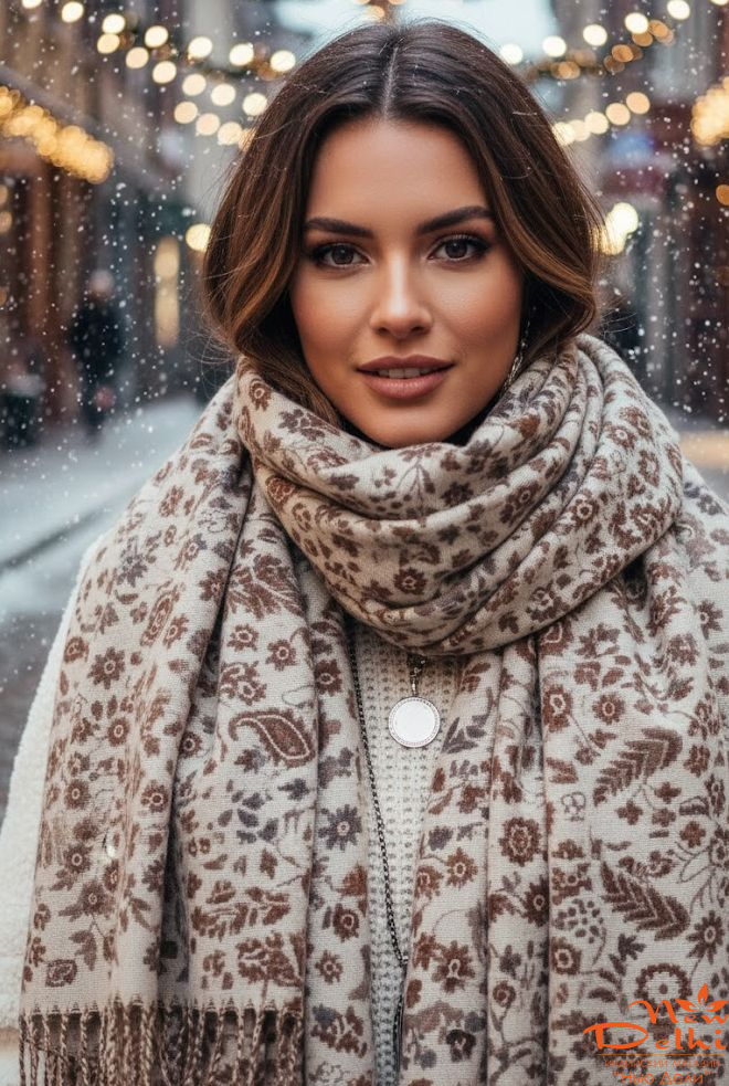 Шарф-палантин "Пейслі", віскоза, вовна, молочний