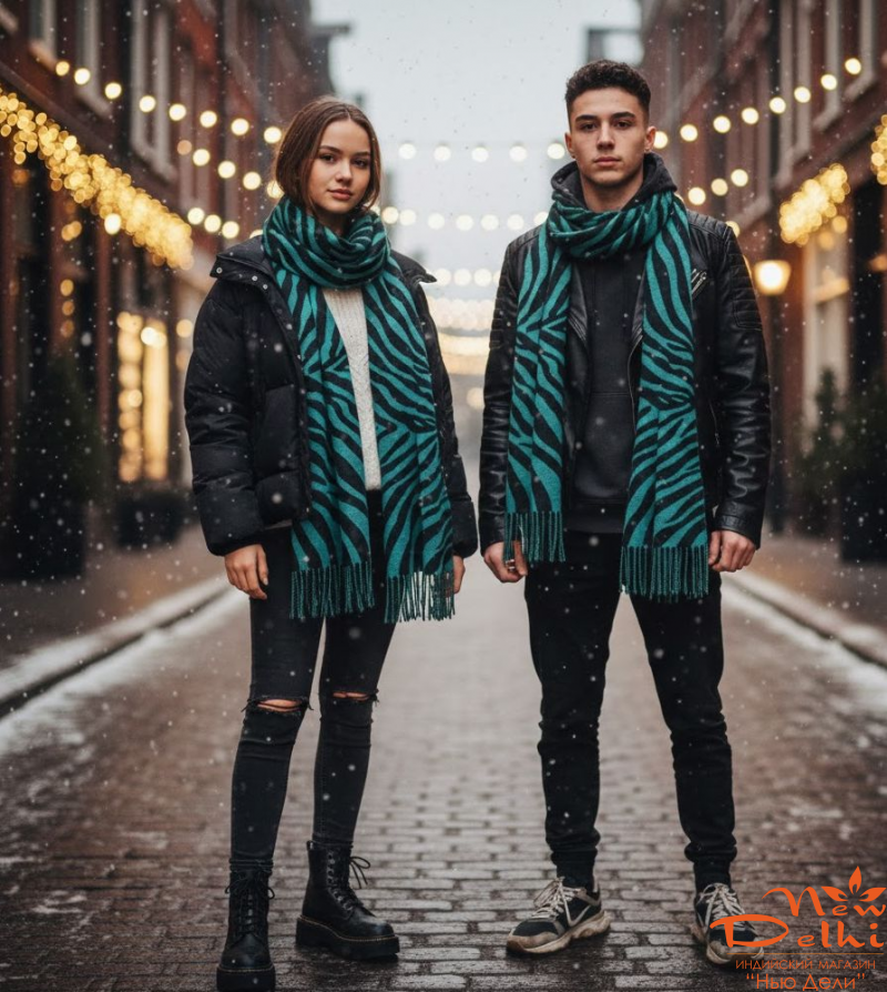 Палантин-широкий шарф "Зебра"- Анімалістичний принт, бавовна, двосторонній, бірюзово-чорний. Індія