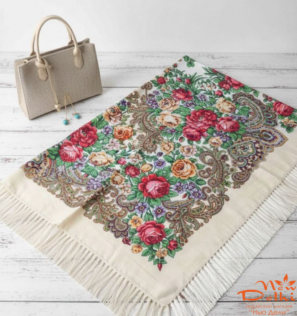 Хустка "Квіти", вовна, біла.