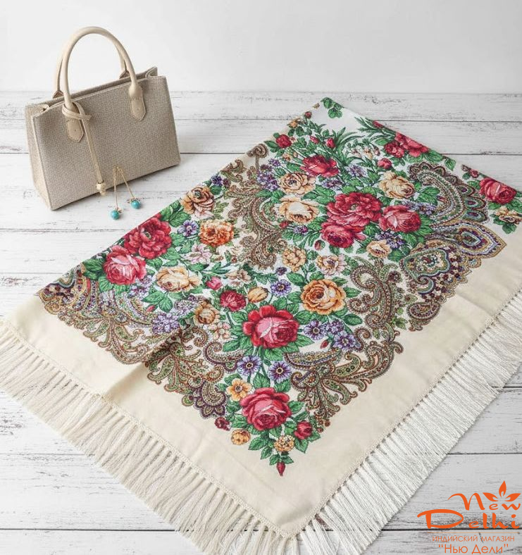 Хустка "Квіти", вовна, біла.