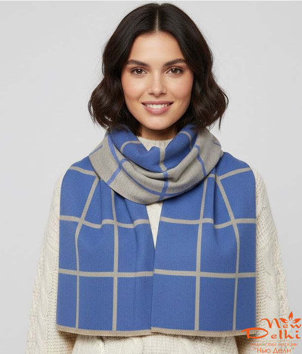 Палантин "Клітинка" кашемір ,180*70 см, блакітно-бежевий.