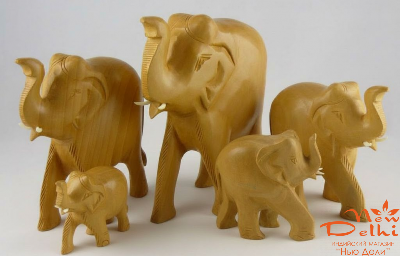 Колекційний набір дерев'яних слонів ручної роботи з Індії. "Мудрість, Щасття та Довголіття"