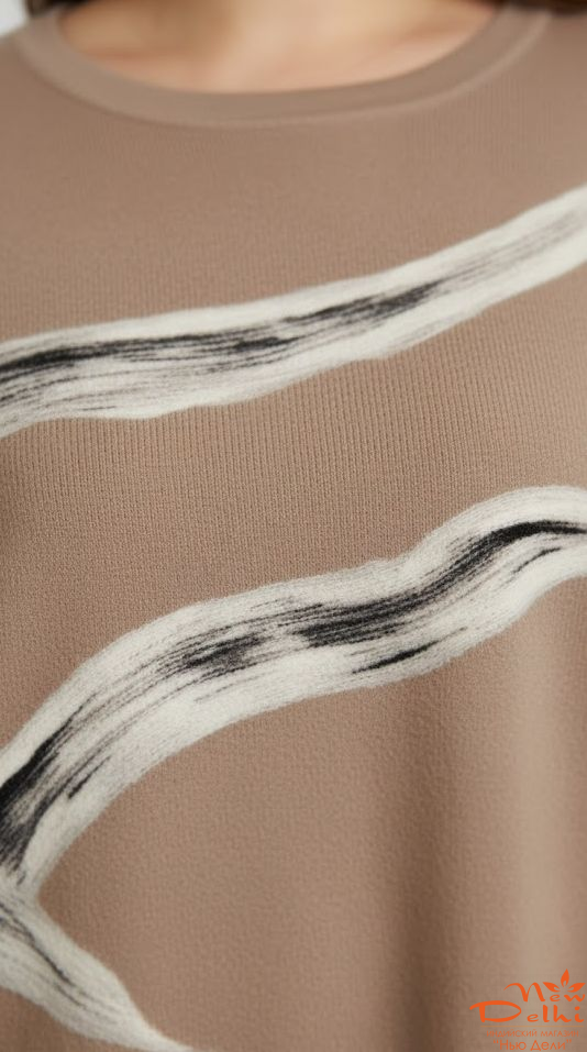 Кашеміровий Светр Oversize з малюнком "Лисття" , виконаним в техниці "валяння  вовной".Oversize. Беж..