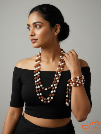 Намисто- браслет перли+рудракша, срібло . довжина 58 см, діаметр 5 мм. Ручна робота..Індія