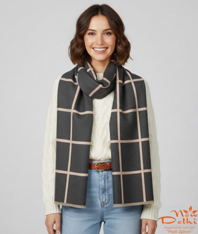 Палантин "Клітинка" кашемір, рожевий/сірий