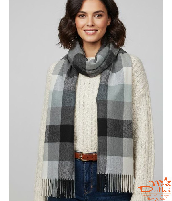 Теплий Картатий Шарф-Плед "Осінній Затишок" у клітинку.Графіт.