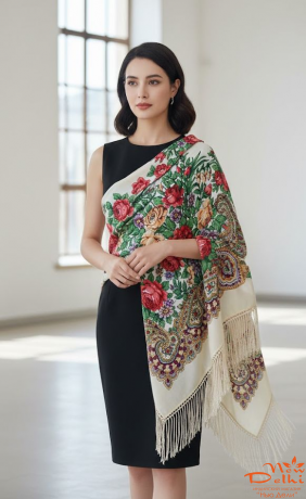 Хустка "Квіти", вовна, біла.