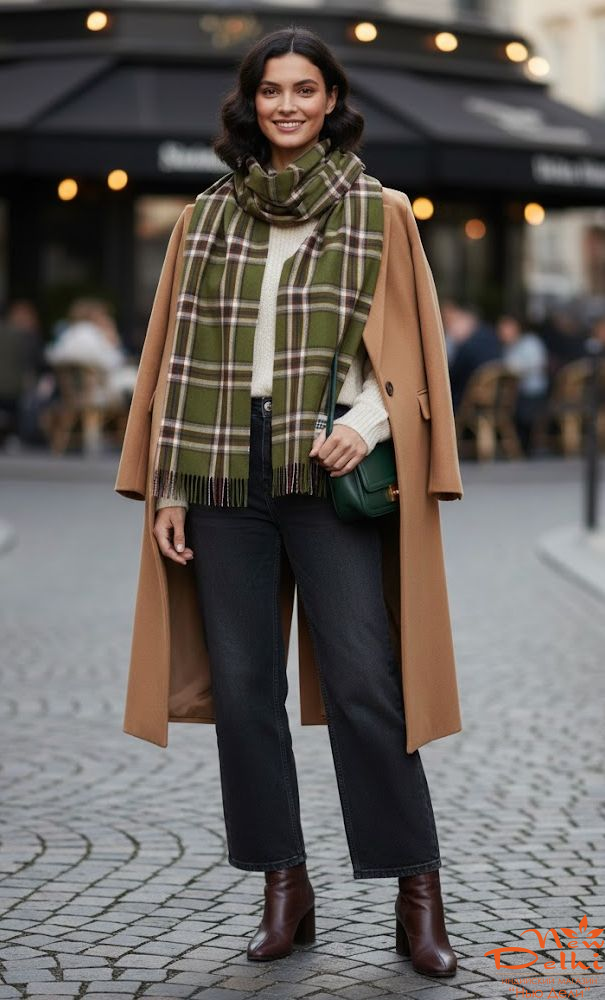 Кашеміровий палантин-шарф "Клітинка",Хакі.