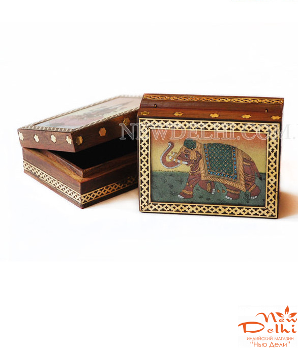 Скринька &quot; Слон&quot; з дерева з малюнком на склі з крихти натурального каміння.10.5*8,5*4см. Індія