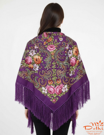 Хустка "Квіти", вовна, фіолетова.