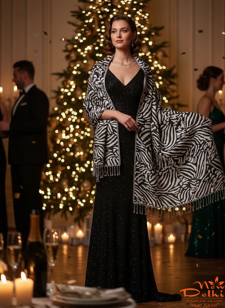 Теплий-широкий шарф "Зебра"- Анімалістичний принт, бавовна, двосторонній, чорно-білий. Індія