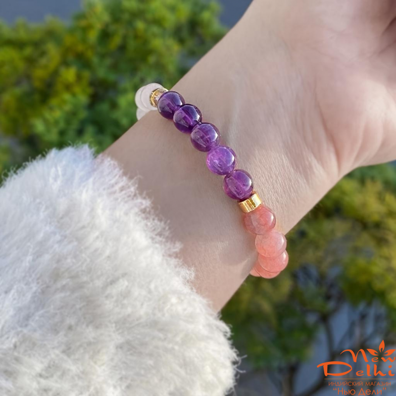 Браслет &quot;Процвітання, Гроші , Вдача&quot; з натуральними каміннями- аметист, цітрин, рожевий кварц, гірський кришталь, зелений авантюрин