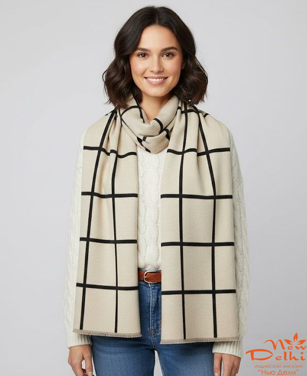 Палантин "Клітинка" кашемір ,180*70 см, черно-білий