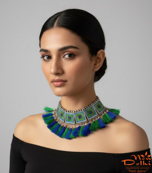 Колье "Квадрати"з китицями, ,ємаль сине-зел. белий метал. Індія