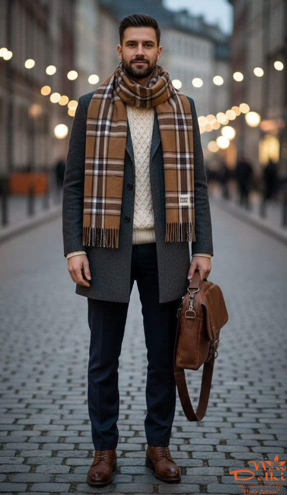 Кашеміровий палантин-шарф "Клітинка",Коричневий з білим.