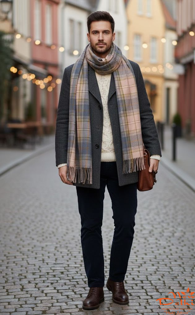 Кашеміровий Палантин-шарф "Клітинка"  , Кремово-сірий