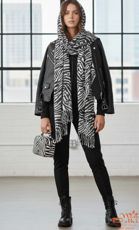 Теплий-широкий шарф "Зебра"- Анімалістичний принт, бавовна, двосторонній, чорно-білий. Індія
