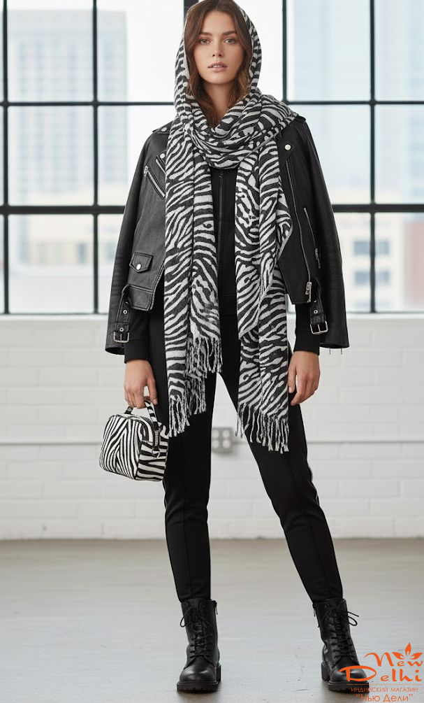 Теплий-широкий шарф "Зебра"- Анімалістичний принт, бавовна, двосторонній, чорно-білий. Індія